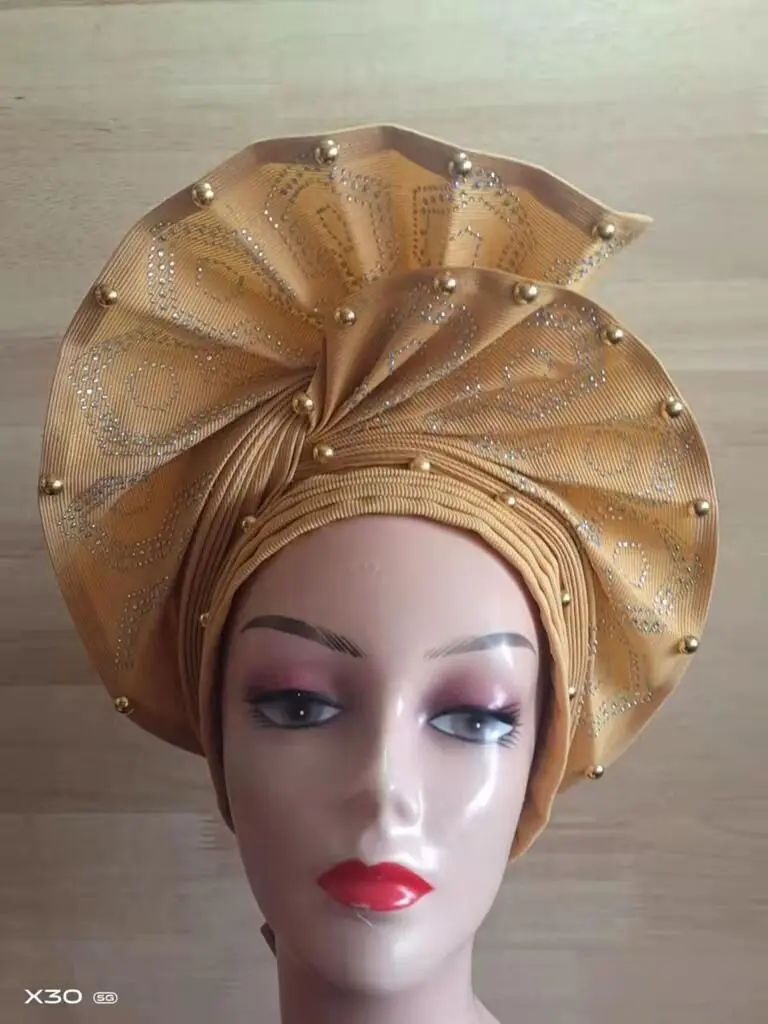 Fashion Nigerian Gele Headtie Aso Oke Gele Already Made Auto Gele Aso African Turban Cap With Beads For Party 1Piece