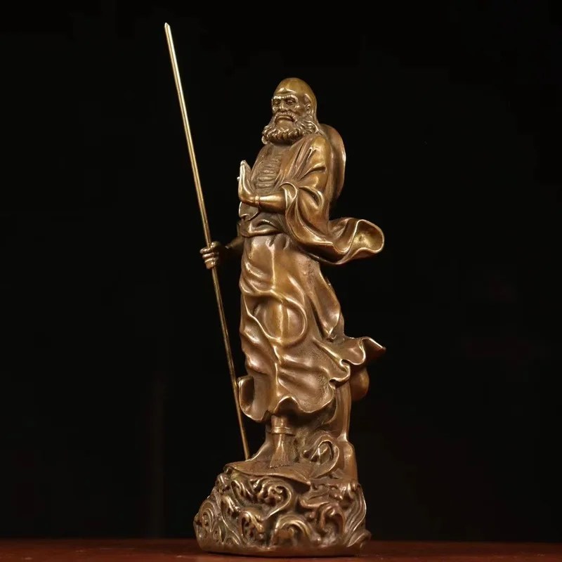 Brass Figurine: Daruma Standing on a Reed Crossing the River - Fine Craft Decoration and Gift Ornament