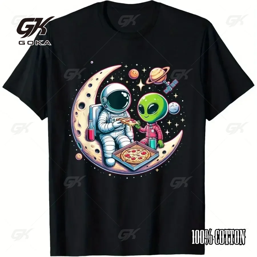 Cute Astronaut & Alien Pizza Night Graphic T-Shirt Space Moon Black Casual Crewneck Tops Unisex Clothes Comfortable