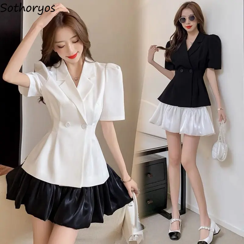 

Sets Women Fashion Korean Style Elegant Short Sleeve Blazers Pure Simple Ball Gown Skirts Tender Office Ladies Summer Two Pieces