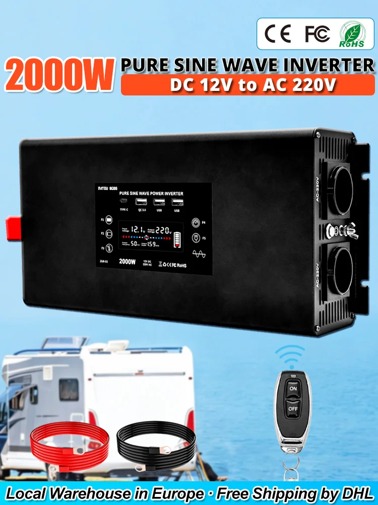 DATOUBOSS 2000W 12V Reiner Sinus-Wechselrichter zu 220V AC Konverter RV Auto-Stromwandler EU AC-Steckdose USB LCD Fernbedienung