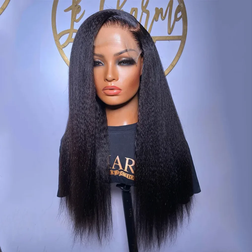

Yaki Soft black26 inch 180 Density Kinky straight Lace Front Wig For Women With Baby Hair synthetic Preplucked Glueless Daily