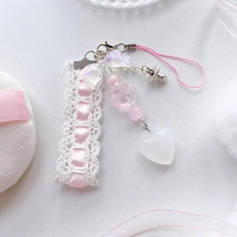 여아용 핑크 리본 고양이 발톱 러브 펜던트 체인, 패블릿 휴대폰 범용 팔찌, 새로운 틈새 트렌드 키체인 휴대폰 스트랩, 1 개, 2 개