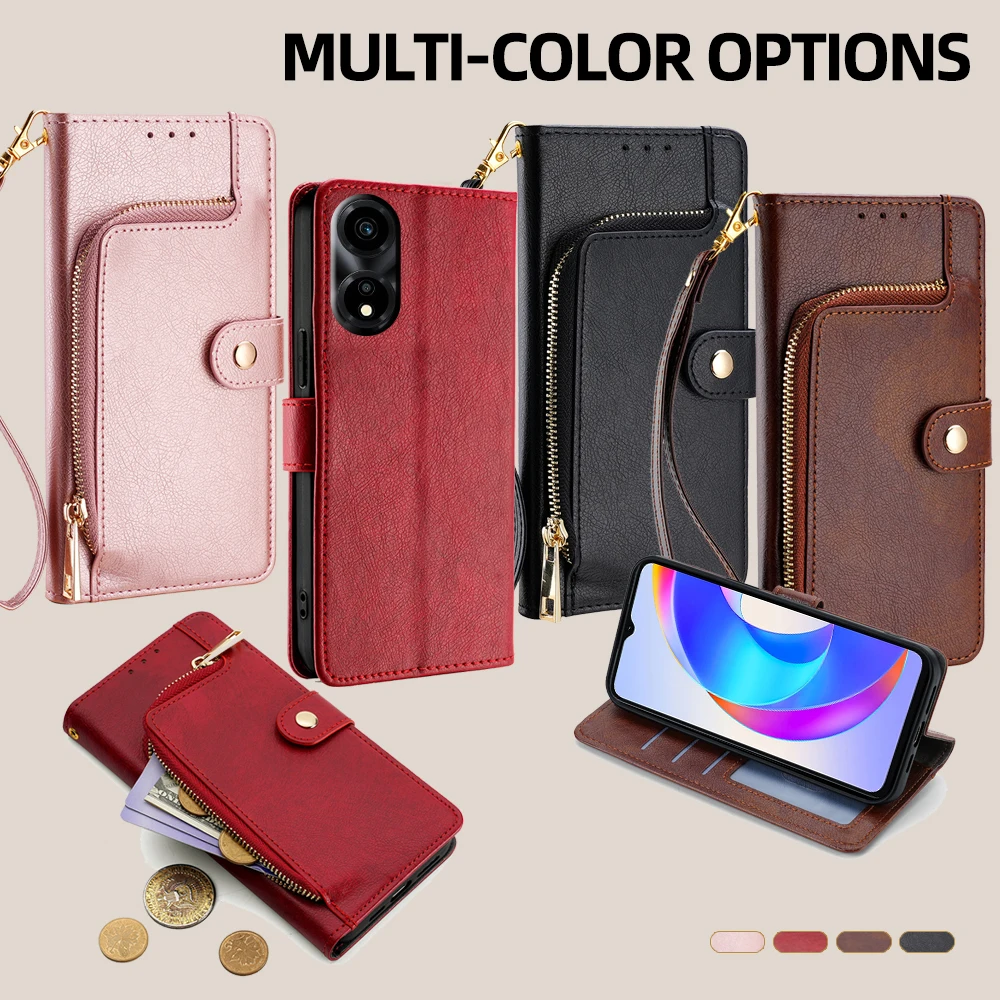 Leather Flip Phone Case for Honor X9A X8B X9B X7b X6A X8A X7A X8 X9 X6 X6S X30i X5 Plus Zipper Wallet Case Card Slots Lanyard