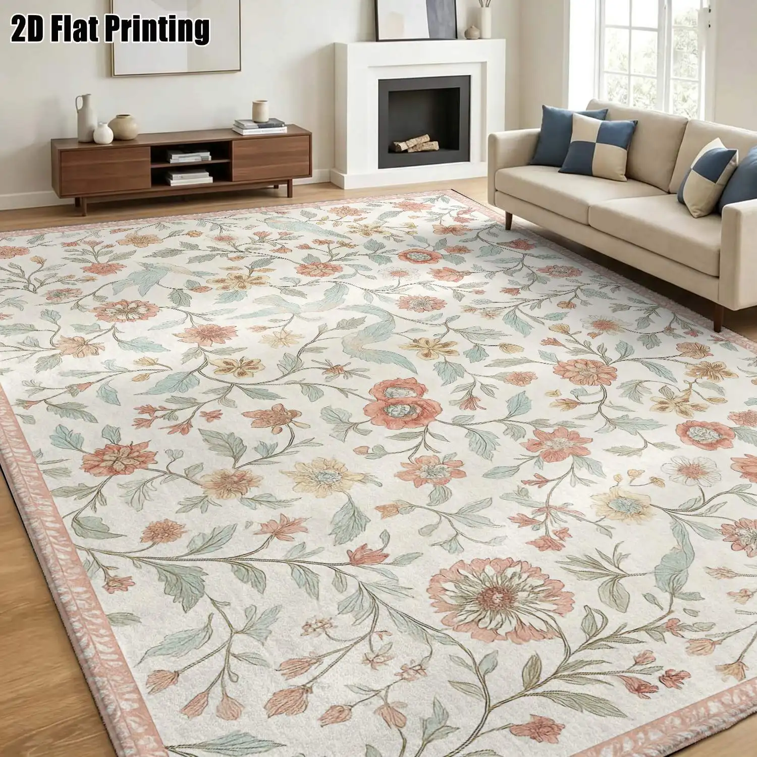 1Pc 2D Printed Pink & Blue Floral Carpet: Vintage European Bohemian Style, Machine Washable, Multi-Size, for Home Decor, Entrance/Living Room/Bedroom/Dining Room & Foyer