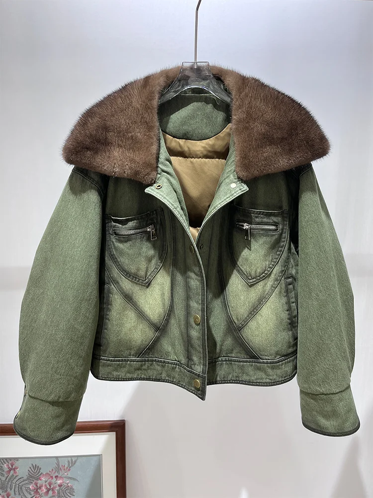 

2025 Winter Natrual Real Mink Fur Collar Goose Down Jacket Women Warm Denim Coat Luxury Thick Cusual Female Outwear