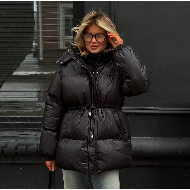  Fashion Solid Cropped Padded Coats Women Detachable Hood Zip Drawstring Hem Warm Jacket 2026 Winter New Lady Casual Outerwear