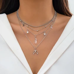 Layered Chain with Moon and Stars Pendant Necklace for Women Trendy Charms Chain Accessories on Neck Fashion Jewelry Female Gift