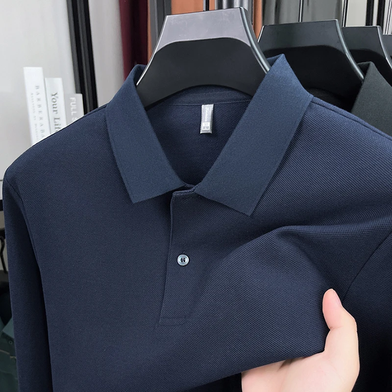 

100% cotton luxury custom spring autumn new men's long sleeved business casual comfortable polo shirt exquisite solid color top