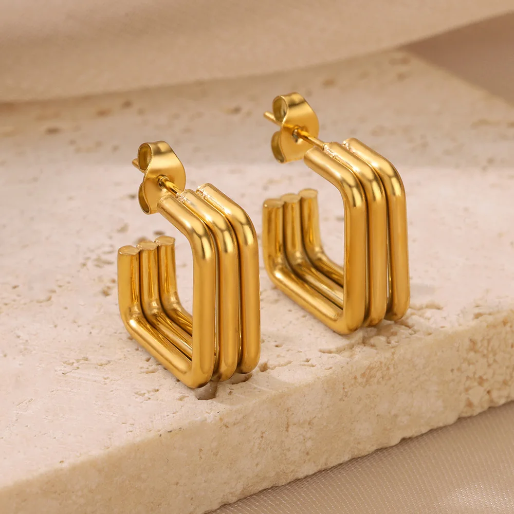 Square Stainless Steel Earrings for Women Piercing Gold Color Stud Earrings 2024 Trend Female Aesthetic Ear Jewelry aretes mujer