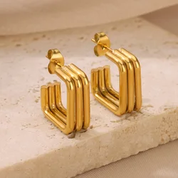 Square Stainless Steel Earrings for Women Piercing Gold Color Stud Earrings 2024 Trend Female Aesthetic Ear Jewelry aretes mujer