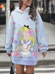 Disney Alice in Wonderland Hoodie Print Casual Simple Street Style Ladies Hooded Sweatshirt Dress Women's Party Pullover Tops