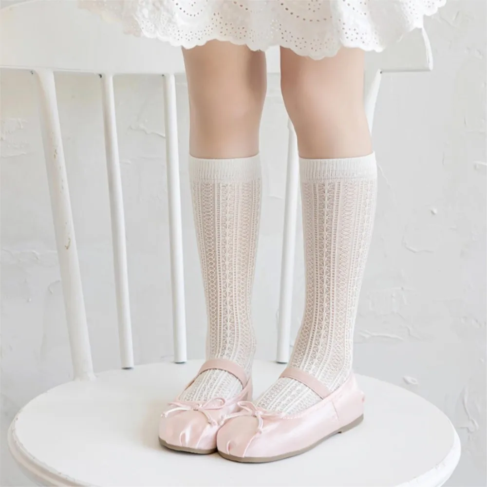 Girls Long Tube Lace Stockings Sweet Bow Jacquard Pattern Mesh Sock Baby Girl Ballet Fishing Net Frilly Socks Lolita Leggings