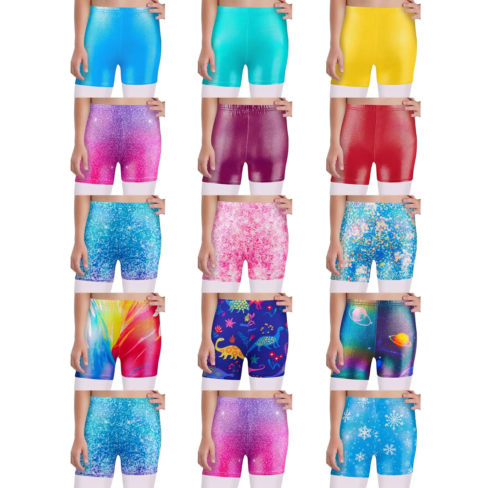 3 pezzi pantaloncini da ballo per ragazze pattinaggio di figura ginnastica danza allenamento performance costume elastico in vita pantaloncini stampati metallici