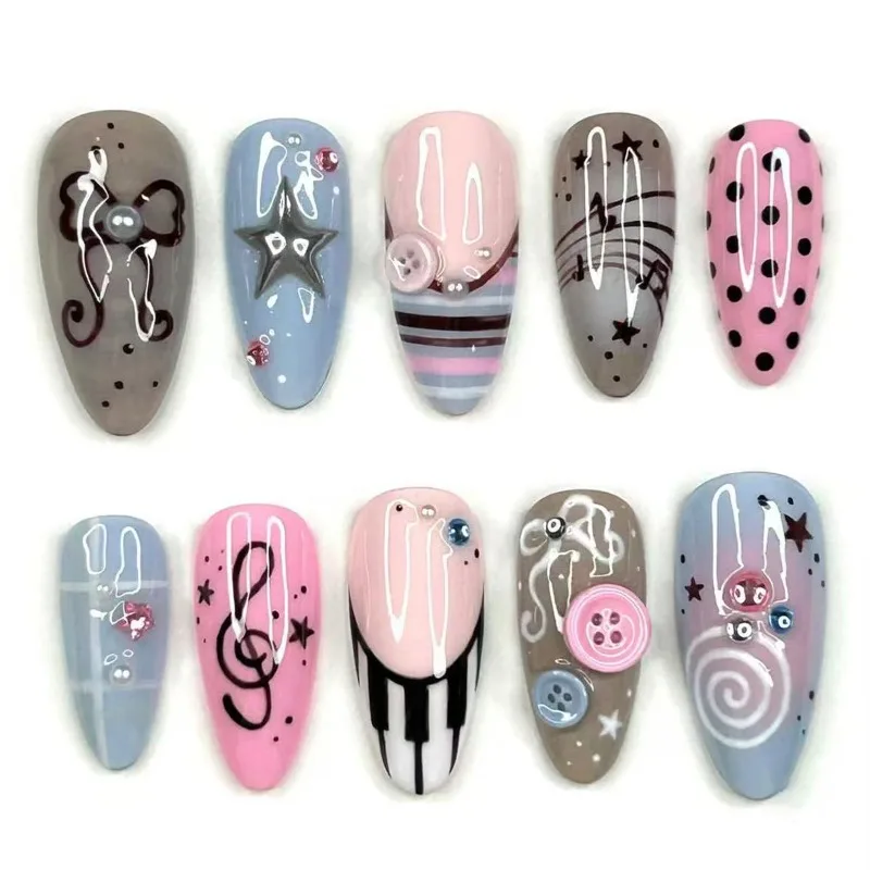 

24PCS Sweet Cool Pink Almond Press on Nails Cute Bow Note Patterns French Fake Nails Y2k Star Polka Dots Designs False Nails Tip