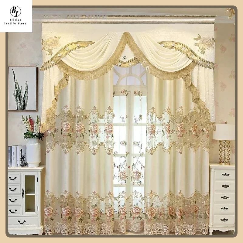 

European Hollow Embroidered Luxury Curtains for Living Room Dining Bedroom Blackout Yellow Valance Flowers Beautiful Tulle Decor