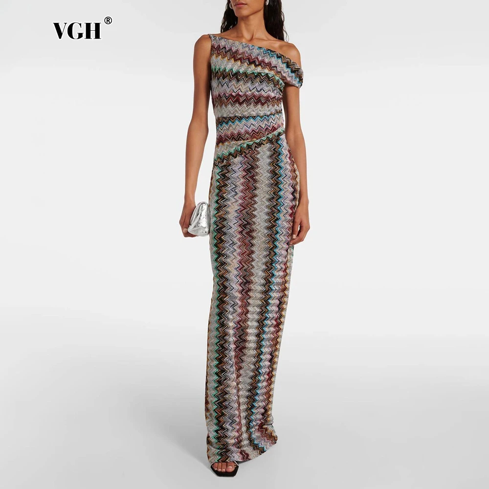 Robe longue VGH Vacations à imprimé coloré pour femme, asymétrique à une épaule, design zigzag amincissant, jupe asymétrique pour sorties décontractées