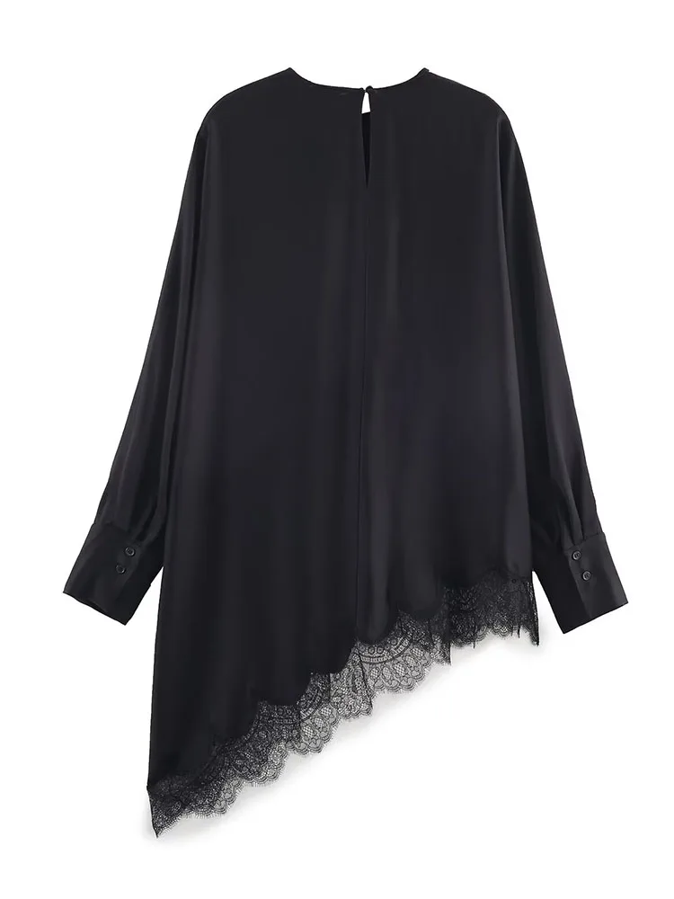 Hh moda feminina retro versátil tripulação pescoço assimétrico bainha renda pulôver camisa feminina simples temperamento manga longa topo mujer