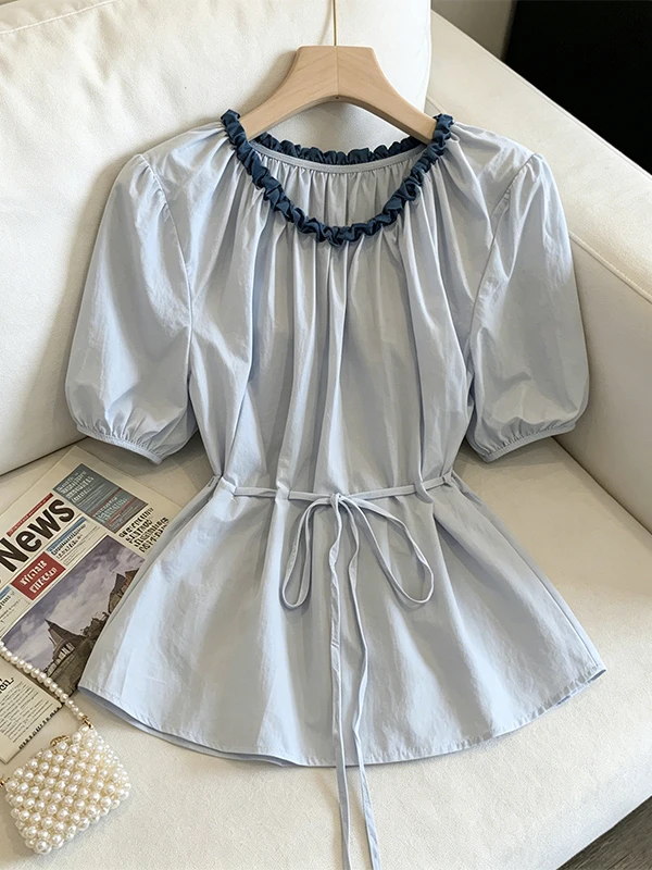 

Summer 2026 Trendy Color Block Knitted Ruffle Trim round Neck Short Sleeve Shirt for plus Size Women Waist Cinched Doll Top