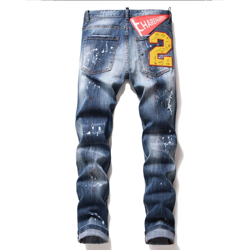 

Plus size Jeans men's Chareharper dsq1066 tatters splash paint men's slim ripped badge Stretch jeans retro high-end men's pants