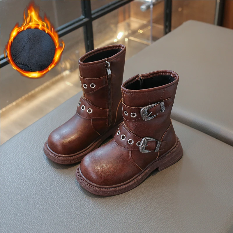 Girls Plush Warm Boots Flat Bottomed Low Cut Zipper Waterproof Anti Slip Belt Buckle Winter Microfiber Leather Fashion Boots