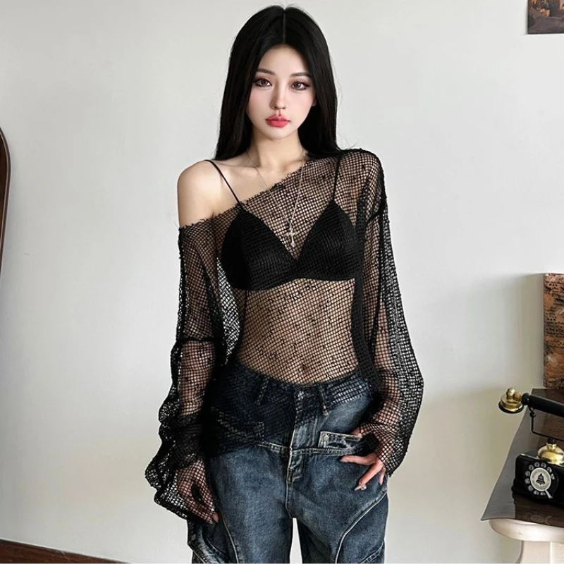 

Deeptown Black Hollow Out Women T-shirts Sexy Club Mesh See Through T-Shirt Long Sleeve Tees Female Streetwear Basic Y2K Tops