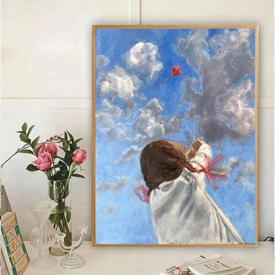 5D DIY Diamond Painting Girl Flying Kite Diamond Art Kit for Adults, Sky Clouds Full Square Round Drill Painting Home Decor