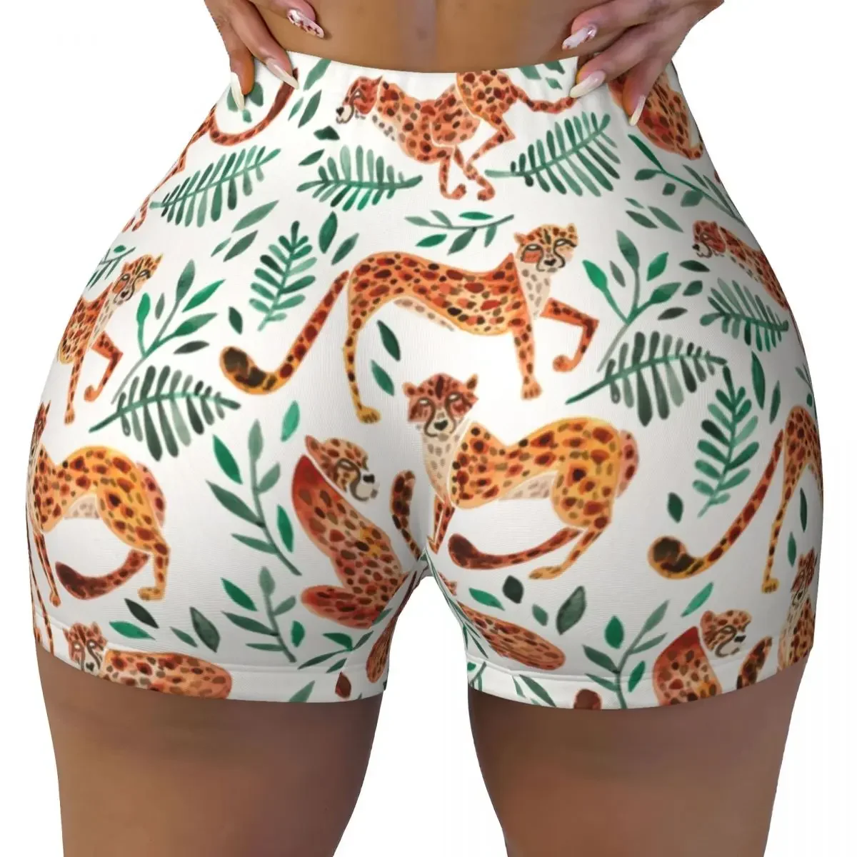 Custom Tropical Jungle Animal Cheetah Gym Biker Running Shorts Women's Leopard Print Workout Yoga Shorts