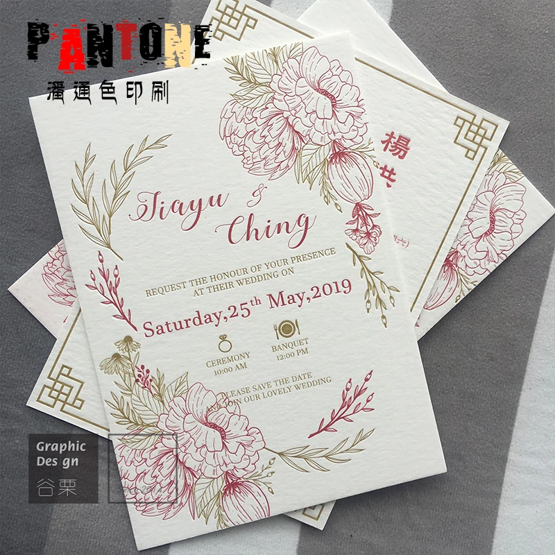 

Cotton Paper Letterpress Printing Romantic Flower High Grade Wedding Invitations Customized Design Thick