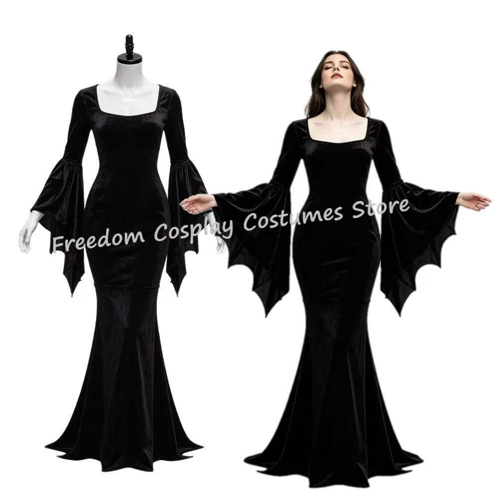 Vestido de sirena gótico negro de terciopelo para mujer, con mangas acampanadas estilo murciélago, ropa de calle vintage, disfraz de bruja o vampiro para Halloween, vestido largo de fiesta.