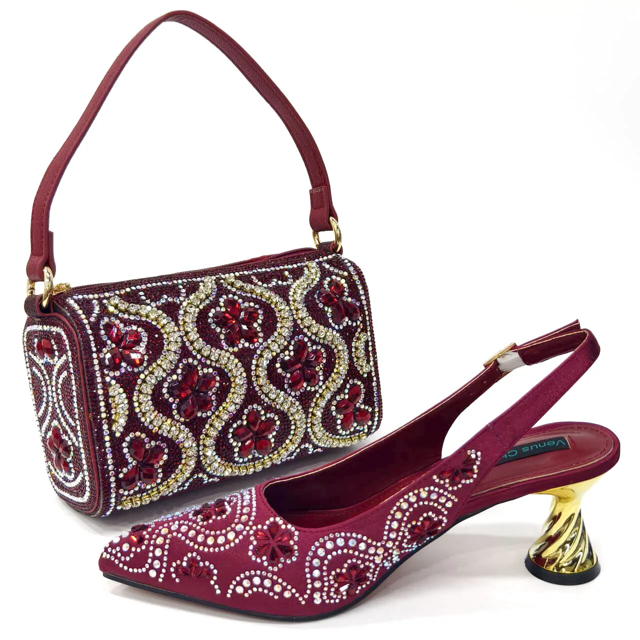 

Ladies' elegant high heels bag set combination, diamond bucket bag.