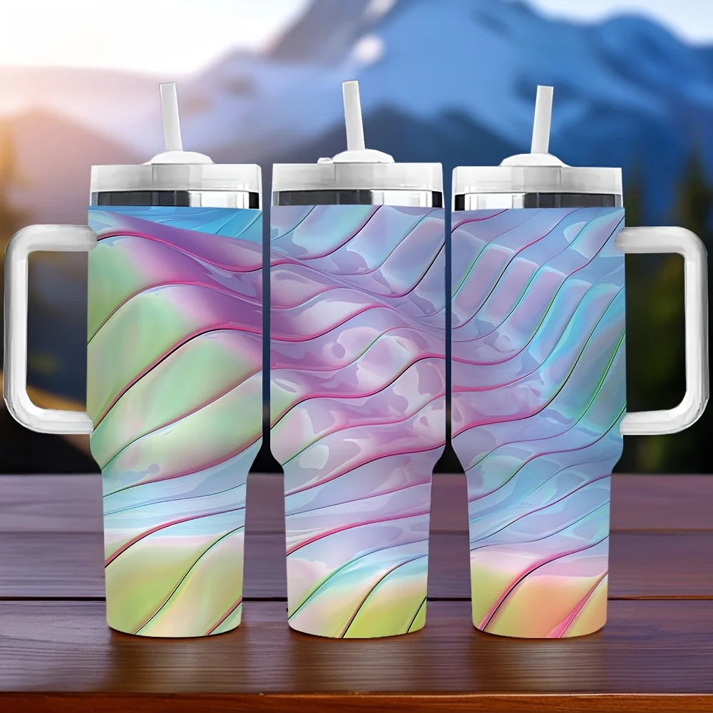 Colorful Gradient Iridescent Wavy Pattern Travel Tumbler with Handle And Straw Suitable for Outdoor And Indoor Daily Use