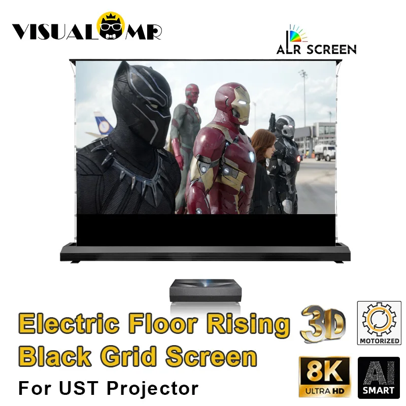 

2024 Latest Electric Tab Tension Floor Rising Projection Screen 150Inch Black Grid PET Crystal Motorized for UST 4K 8K Projector