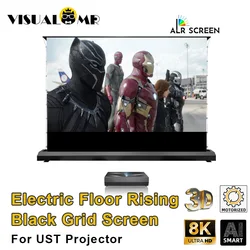 Pantalla de proyección de elevación de suelo de tensión de pestaña eléctrica, 2024 pulgadas, red negra, cristal PET motorizado para proyector UST 4K 8K, lo último de 150
