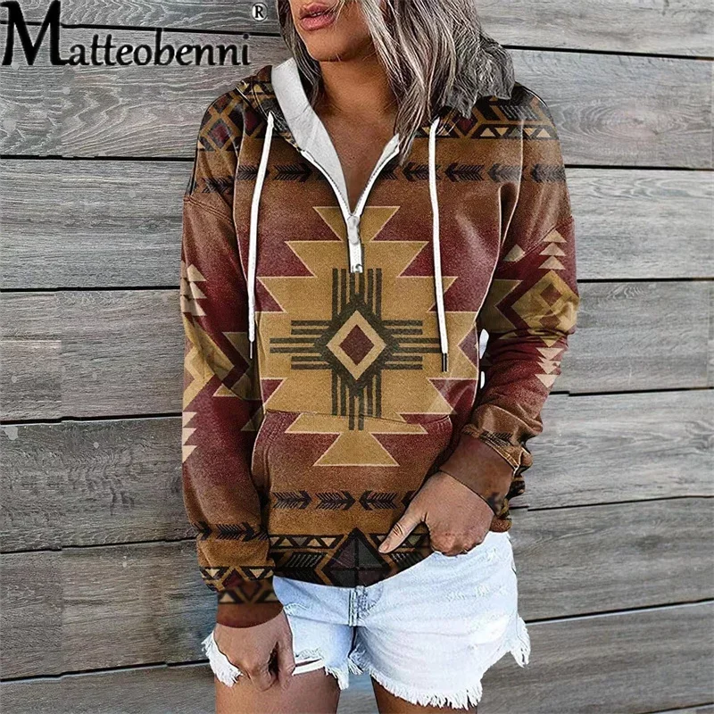 Winter Vintage Geometry Print Pocket Hoodie Women Pullover Sweatshirt Loose Long Sleeves Casual Bohemian Autumn Ladies Zipper