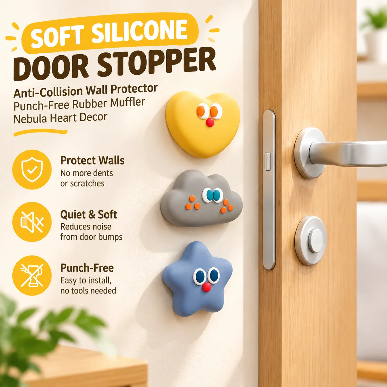 Soft Silicone Door Stopper Anti-Collision Wall Protector Punch-Free Rubber Muffler Nebula Heart Decor