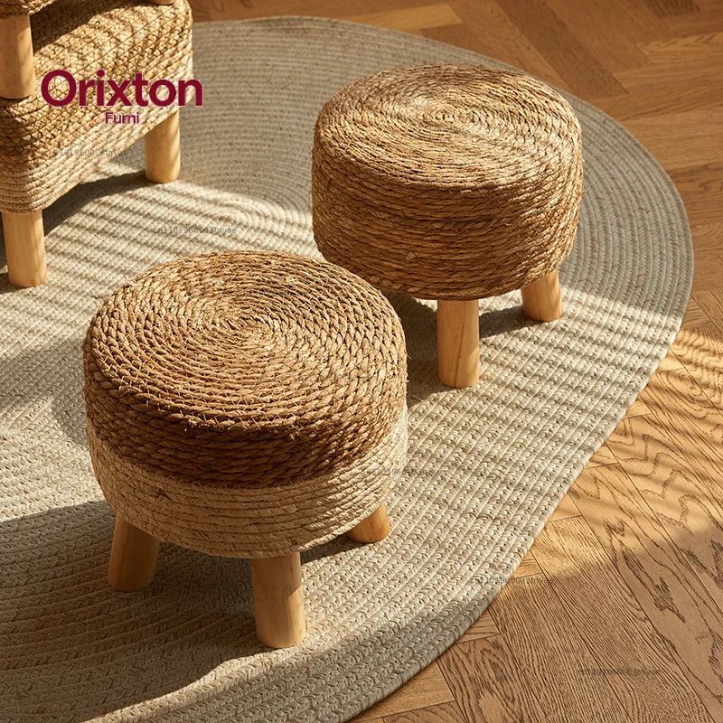 Grass woven stool, rural low stool, rattan woven shoe changing stool, thickened woven seat cushion stool