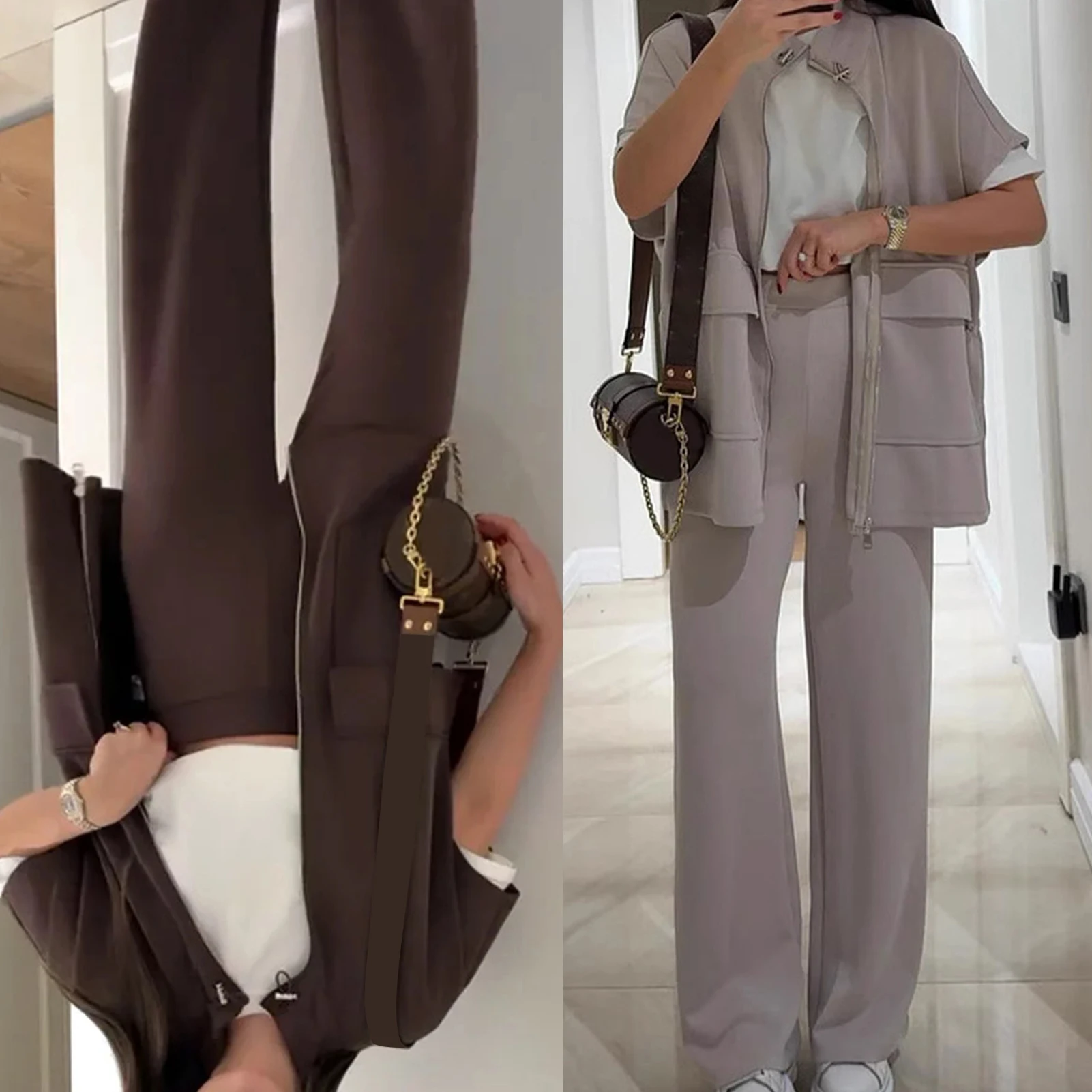 

Women Tracksuit 2 Pieces Set Short Sleeve Zipper Coat Casual Solid Shirt Straight Wide Leg Pants Suit Ladies Sportwear Tracksuit