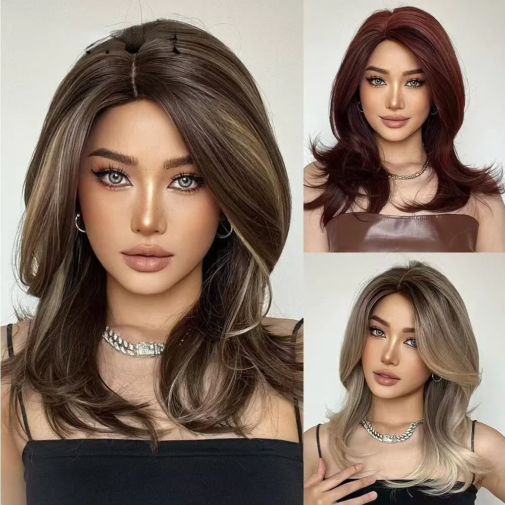 

New wig gradual change micro partial eversion French bangs micro curl medium long hair chemical fiber wig full head wave wig