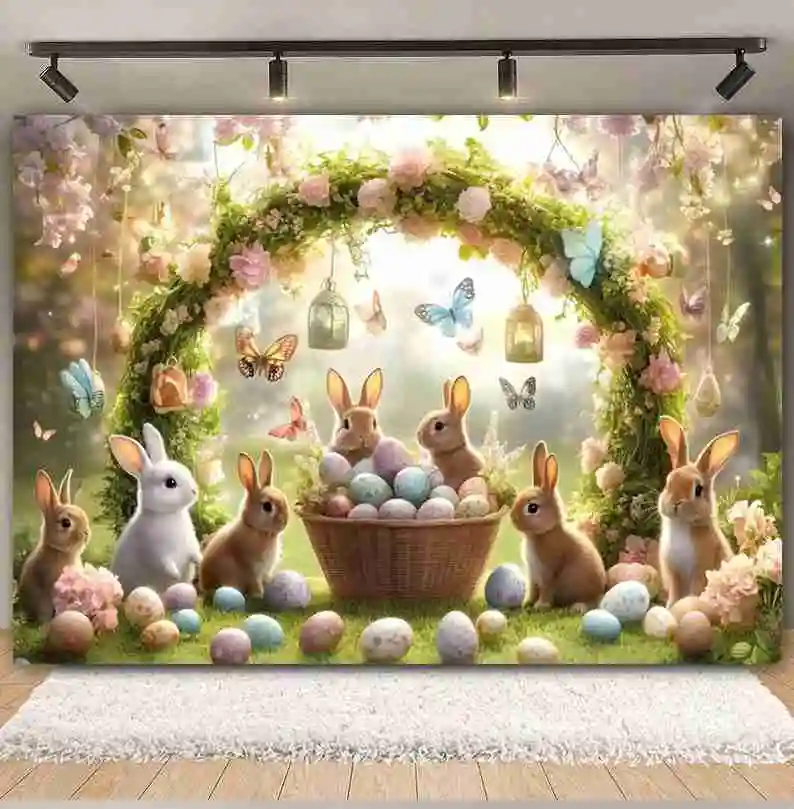Happy Easter Photography Backdrop Arch Floral Butterfly Rabbit Egg Easter Kids Baby Birthday Background Decor Photo Studio Props