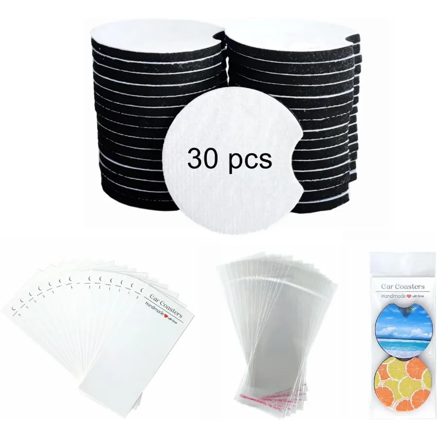 

60PCS Sublimation Coasters Blanks Round Car Coasters Sublimation Blanks Set Car Coaster Packaging with Display Cards Bags 2.75
