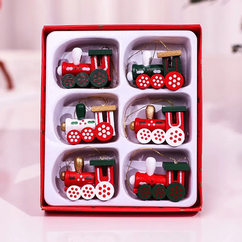 wooden Christmas gift box with small Christmas tree train pendant decoration