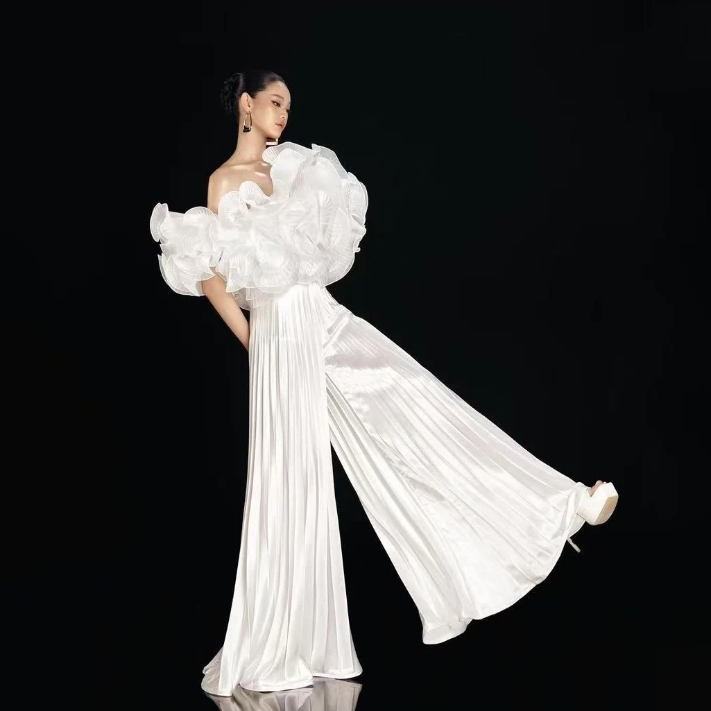 New Couture 2 Pieces Women Sets Blouse And Loose Pant Women Formal Party Dress Pleated Female Set Layered Evening Dresses