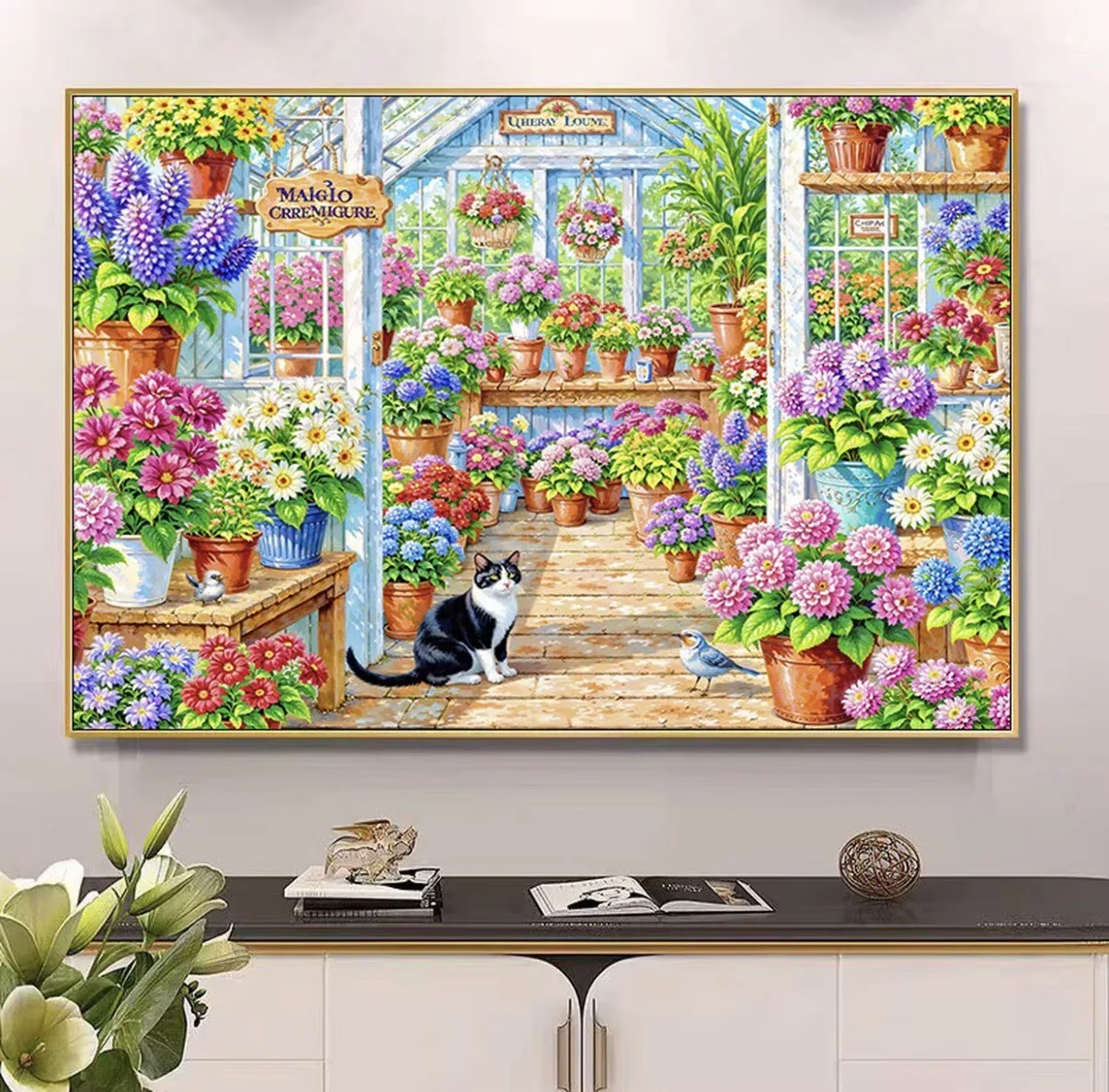 

9CT 14ct Flower house cat Printed Kit Cross Stitch Embroidery DIY Needlework Home Crafts With Needles Threads 76 Colors