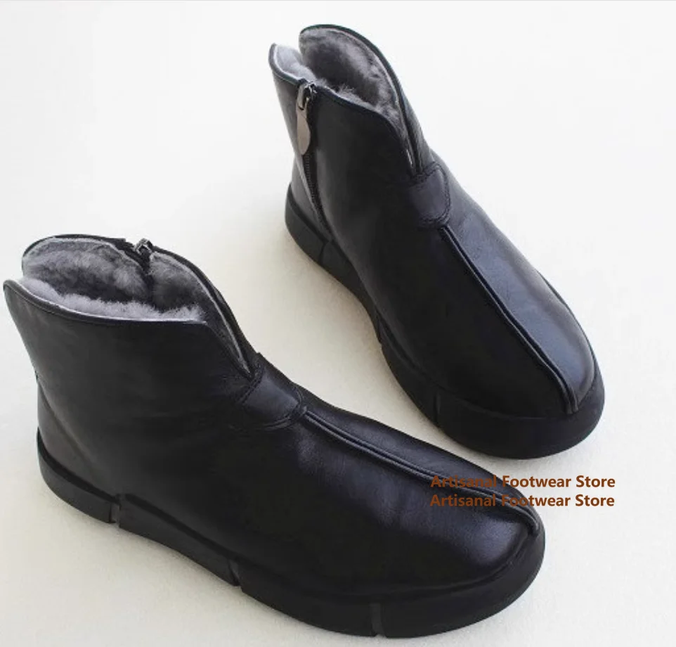 Botas altas para hombre de cuero negro con cremallera lateral de piel de oveja botas cálidas antideslizantes integradas hechas a mano de cuero genuino para hombre