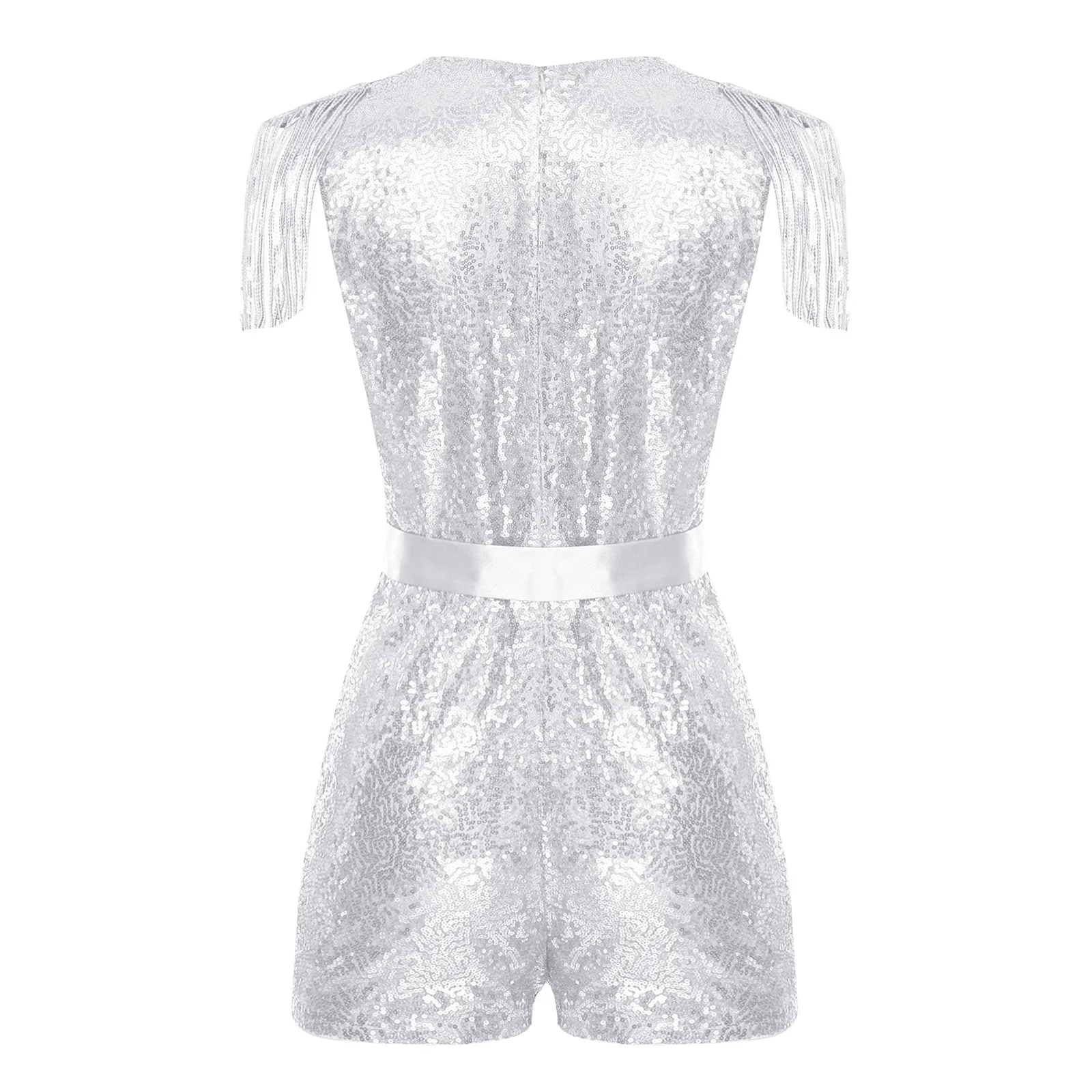Pelele a la moda para mujer, monos con borlas y lentejuelas, monos con cuello en V sin mangas brillantes con cinturón, disfraz de fiesta de boda para discoteca Rave