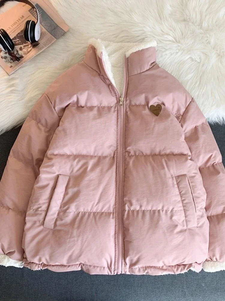 

Cotton jacket padded thickening female Korean fashion cute set female winter casual warm two sides wear fleece jacket winter