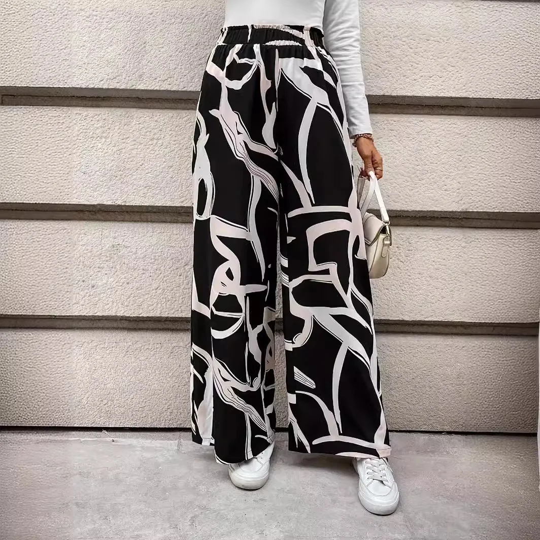 

Loose Casual High Waist Print Trousers Women Fashion Elegant Elastic Waist Wide Leg Pants 2024 Summer New Casual Women Clothing