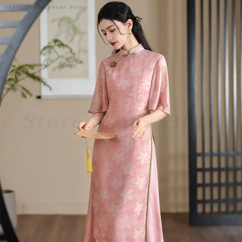 Rosa Langes Ao Dai Qipao Neues chinesisches bedrucktes Blumenkleid Traditionelles Stehkragen Cheongsam Vintage Abendpartykleid