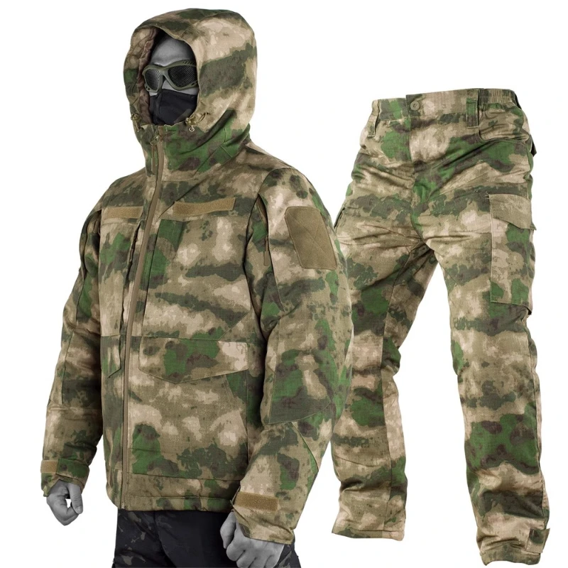 Camouflage Winter Cold-Proof Sets Mens Hooded Multi Pocket Tactical Cotton Jacket+Thicken Cargo Pants 2-piece Warm Outdoors Suit